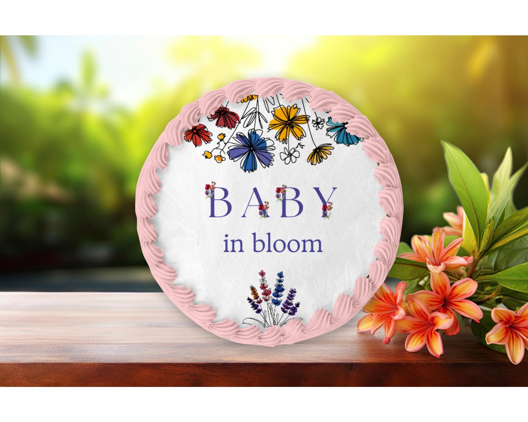 Baby in Bloom Spring Baby Shower Edible Image Line Flowers Themed Birthday Edible Cake Topper Frosting Sheet Thin Fondant Edible Sticker
